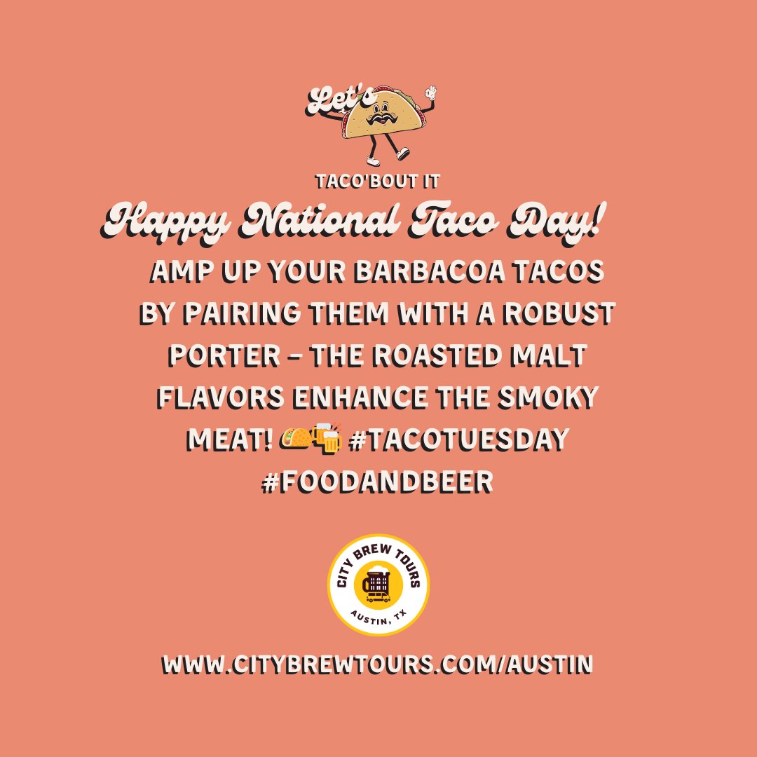 Calling all beer and taco enthusiasts! It's #NationalTacoDay. So we decided to do a special taco and beer pairing to celebrate. Join City Brew Tours Austin to experience the best Austin has to offer 🍻🌮

🍺 Link in Bio #tacotuesday #CityBrewTours #CraftBeer #atx #Austin