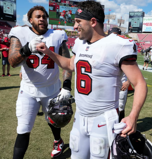 NFLWhisperWatch's tweet photo. REPORT: The #Buccaneers are rallying around Baker Mayfield and his resurgence this year. Pat McAfee has said he is "reborn". Sources from the organization state that the locker room is "100%" behind Mayfield and his competitiveness. 

Some believe this may convince star WR Mike Evans to stay in Tampa. It looks like the Bucs have found value and their potential Quarterback for the future. They reportedly have "zero intentions" of moving off Mayfield within the upcoming draft.

Mayfield is currently projected to throw for 30 touchdowns and only 9 interceptions.
