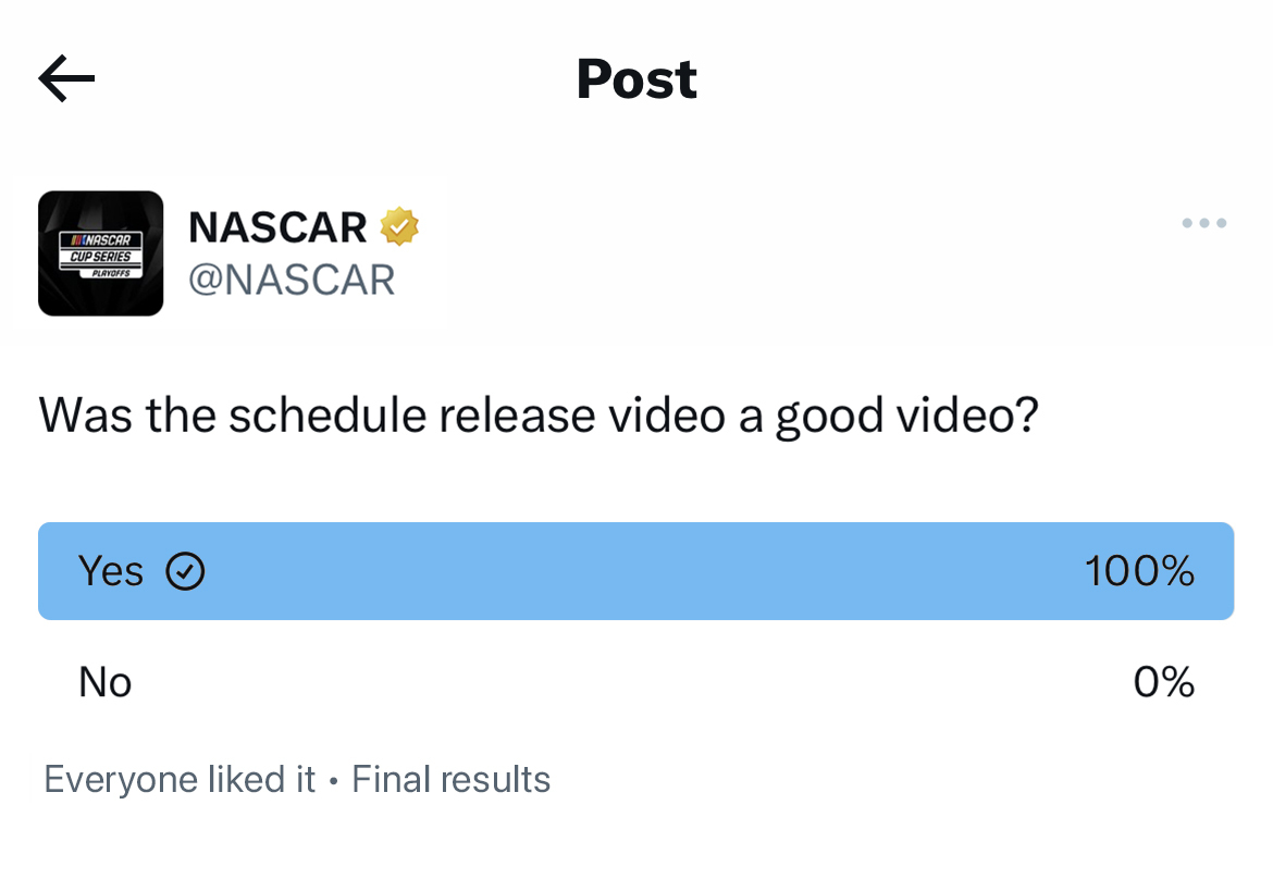 Was the schedule release video a good video? 100% of you said Yes. 

-- That ranks No. 1 out of the 76 schedule videos in the poll!