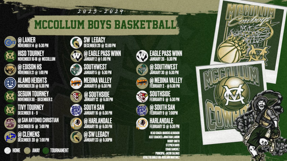 Mc_Cowboys's tweet photo. With 3 weeks until our boys have their first practice of the season, we present to you the
2023-2024 Boys Basketball Schedule!!!
We are fired up to kick off the season and can't wait!!!
28-5A District Champs: 2017, 2021, 2022
#CowboyPRIDE
#CowboyFAMILY
#CFVE https://t.co/l2RKq1BjWH