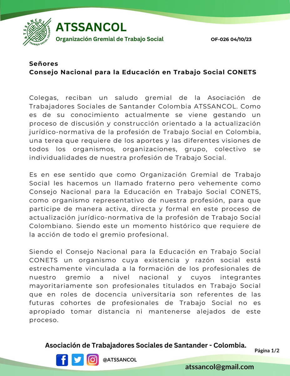 AtssanCol's tweet photo. Oficio público de ATSSANCOL al Consejo Nacional para la Educación en Trabajo Social CONETS.
4 DE OCTUBRE DE 2023

#SoyATSSANCOL
#SoyGremioTS
#TrabajoSocial
#TrabajoSocialColombia
#ConstruyendoUnidadGremial
#ConstruyendoGremioConstruyendoSociedad https://t.co/za5izbczsC