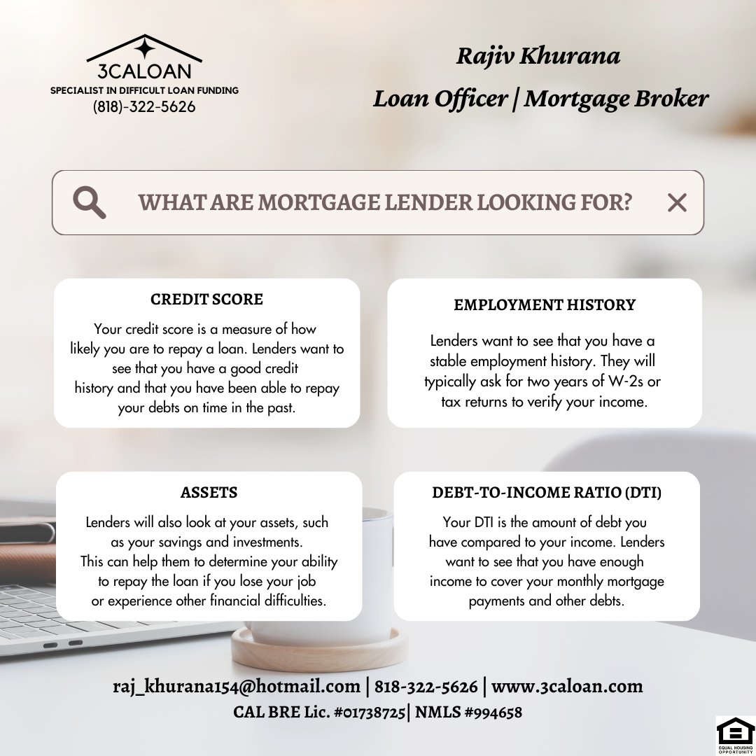 3CALoan's tweet image. Unlocking the Mortgage Mystery: What Do Lenders Seek in Borrowers? 🔍🏡. 
..
Rajiv Khurana | 818-322-5626 
..
youtu.be/PRv977Kbs4E
..
#fyp #trending #threadstories #marketingdigital #instathreads #viral #reels #reelsinstagram #loanofficerlifestyle #mortgagebroker #hashtags