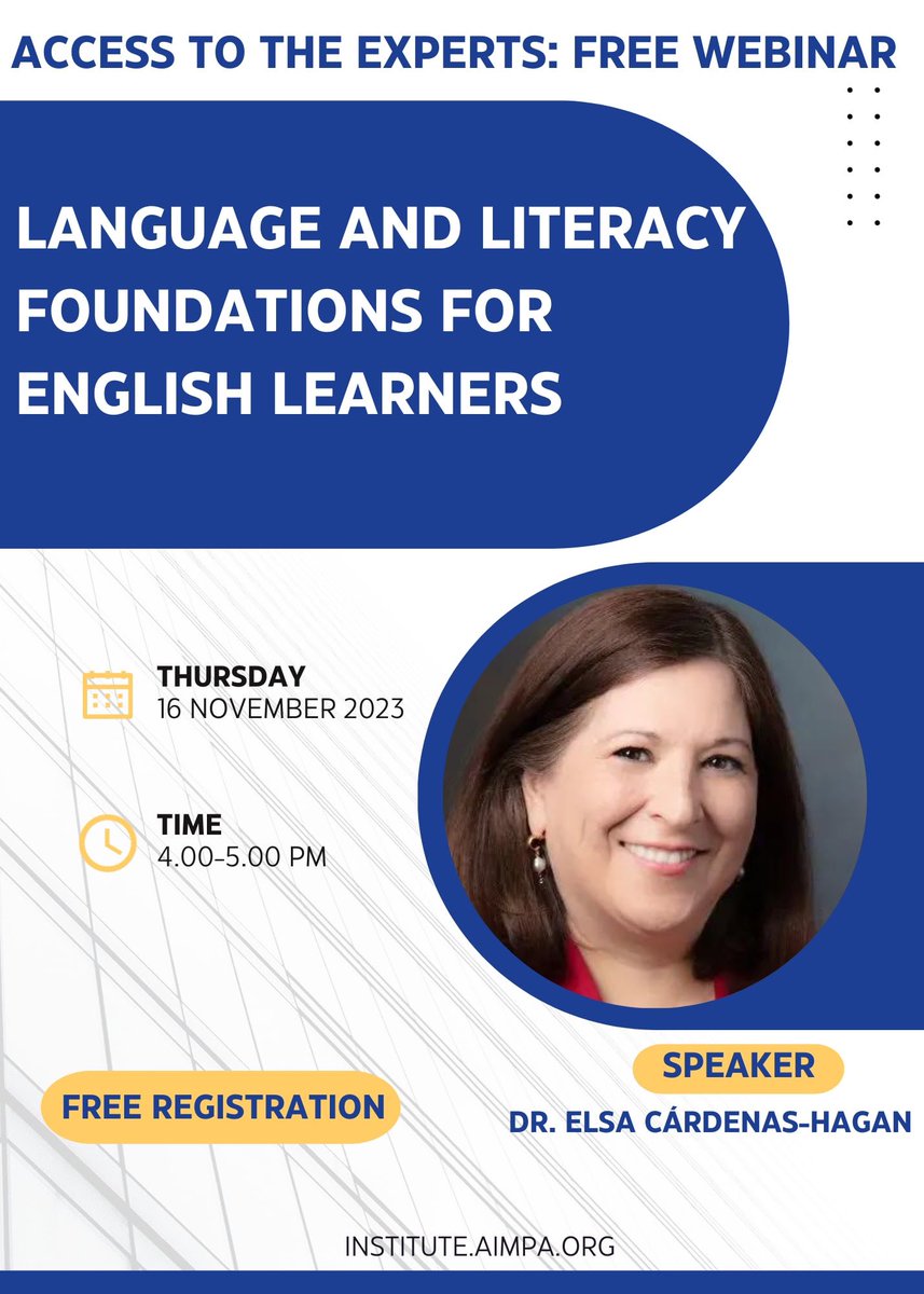 Interested in discovering more ways to support the #literacy needs of #EL learners? Join <a href="/DrElsa_CHagan/">Dr. Elsa Cárdenas Hagan</a> and AIM on 11/16 for a FREE webinar on Language and Literacy Foundations for English Learners. #ResearchtoPractice #PartnerforImpact bit.ly/AIMWebinarNov1…