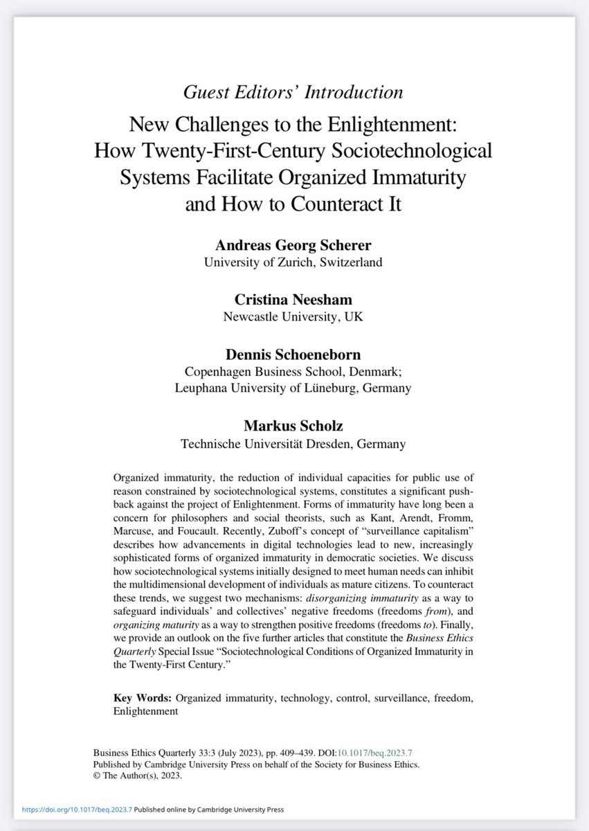 What does #organizedimmaturity do with humans and what should we do about it? See our critical analysis on #enlightenment, #ICT, #bigdata, #socialmedia, and #surveillancecapitalism in #BEQ #businessethicsquarterly cambridge.org/core/journals/…