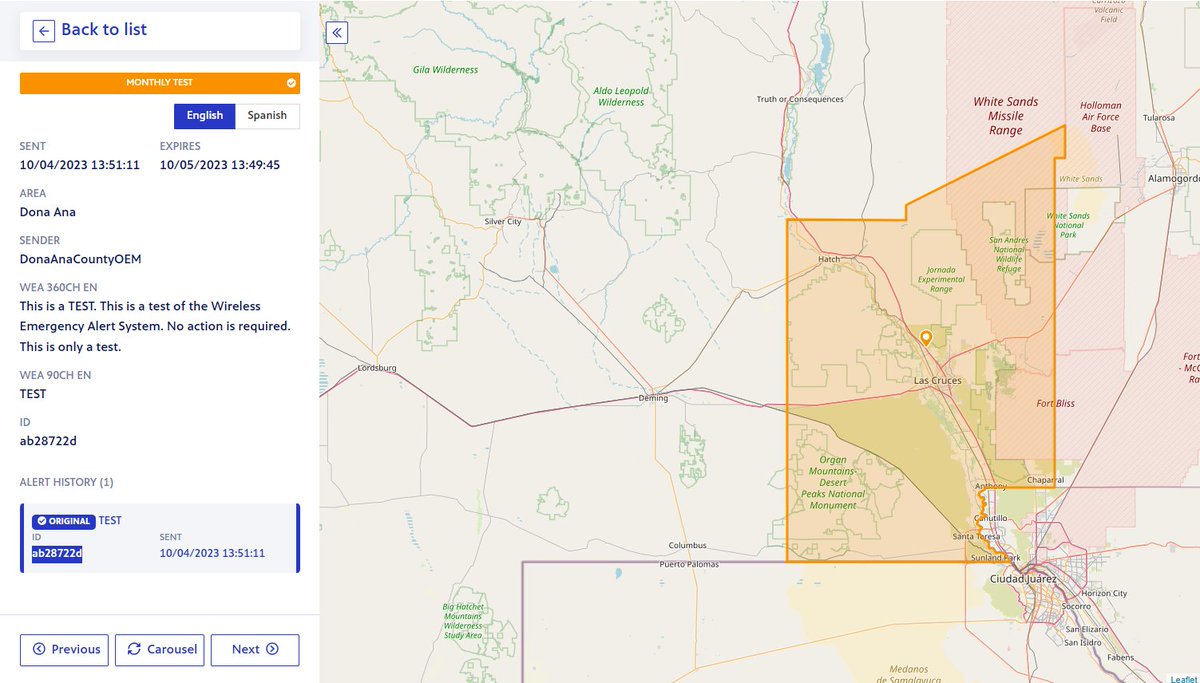 zachstanford's tweet image. There are currently 3 active Wireless Emergency Alerts, each valid for 24 hours in Dona Ana County, NM (incl. Las Cruces). Issued by DAC OEM. They all say test, but can&apos;t tell if actually sent with Test WEA handling. 
#WEATwitter #EMGTwitter
@DACInformation @DonaAnaCountySO