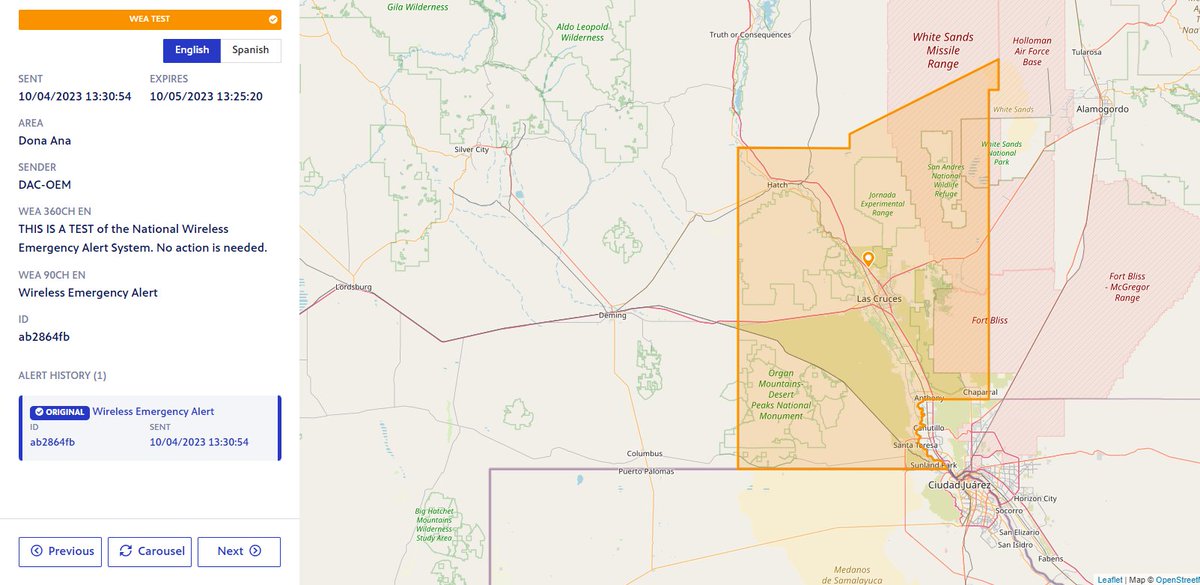 zachstanford's tweet image. There are currently 3 active Wireless Emergency Alerts, each valid for 24 hours in Dona Ana County, NM (incl. Las Cruces). Issued by DAC OEM. They all say test, but can&apos;t tell if actually sent with Test WEA handling. 
#WEATwitter #EMGTwitter
@DACInformation @DonaAnaCountySO