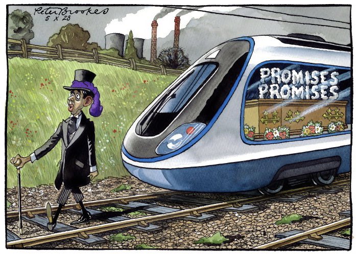 Peter Brookes on Rishi Sunak’s decision to scrap #HS2 leg #RishiSunak #Sunak #ToryConference #Manchester #ManchesterCentral - political cartoon gallery in London original-political-cartoon.com