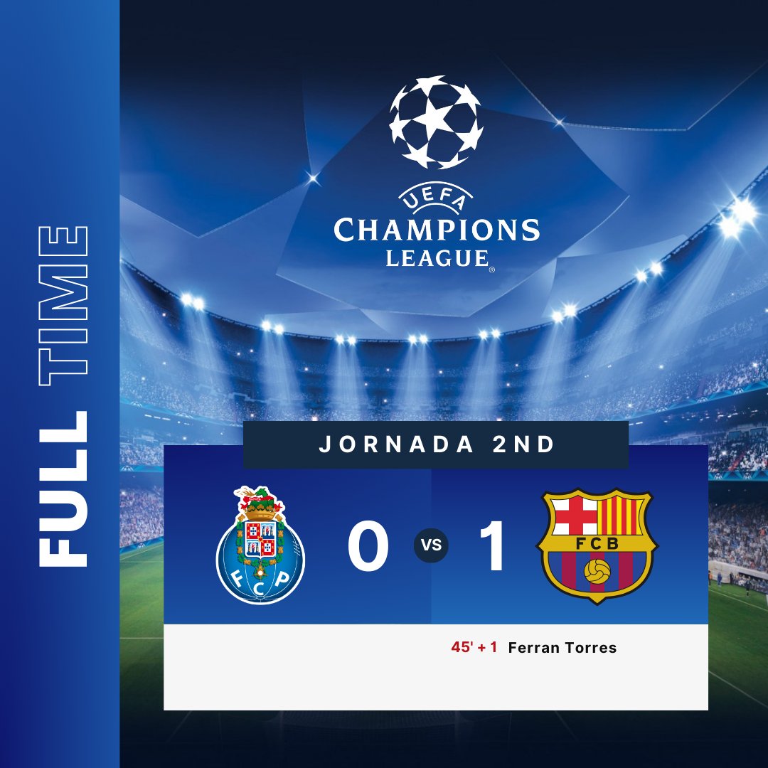 ⏰ Full Time  
0⃣ Porto
1⃣ FCBarcelona (Ferran Torres 45'+1)

#Porto ⚪️🔵#FCB 🔴🔵
¡Finaliza el partido! Ferran Torres da al FCBarcelona

 #ChampionsLeagueDay  #Portobarca #MATCHDAYLIVE