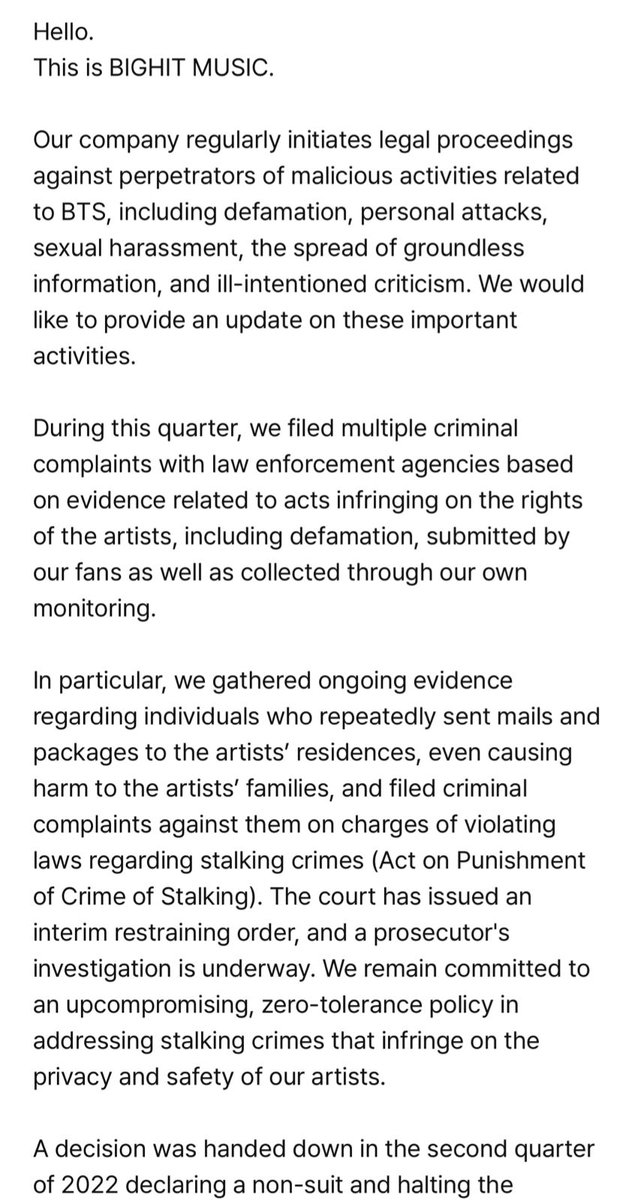 btsbrasil_on's tweet photo. [TRAD]  A BIGHIT publicou um comunicado no Weverse a respeito de práticas maldosas envolvendo o @BTS_twt:

“Olá!
Esta é a BIGHIT MUSIC.

Nossa empresa regularmente inicia processos judiciais contra autores de atividades maliciosas relacionadas ao BTS, atividades essas que  (+) https://t.co/FTgfuboJY0