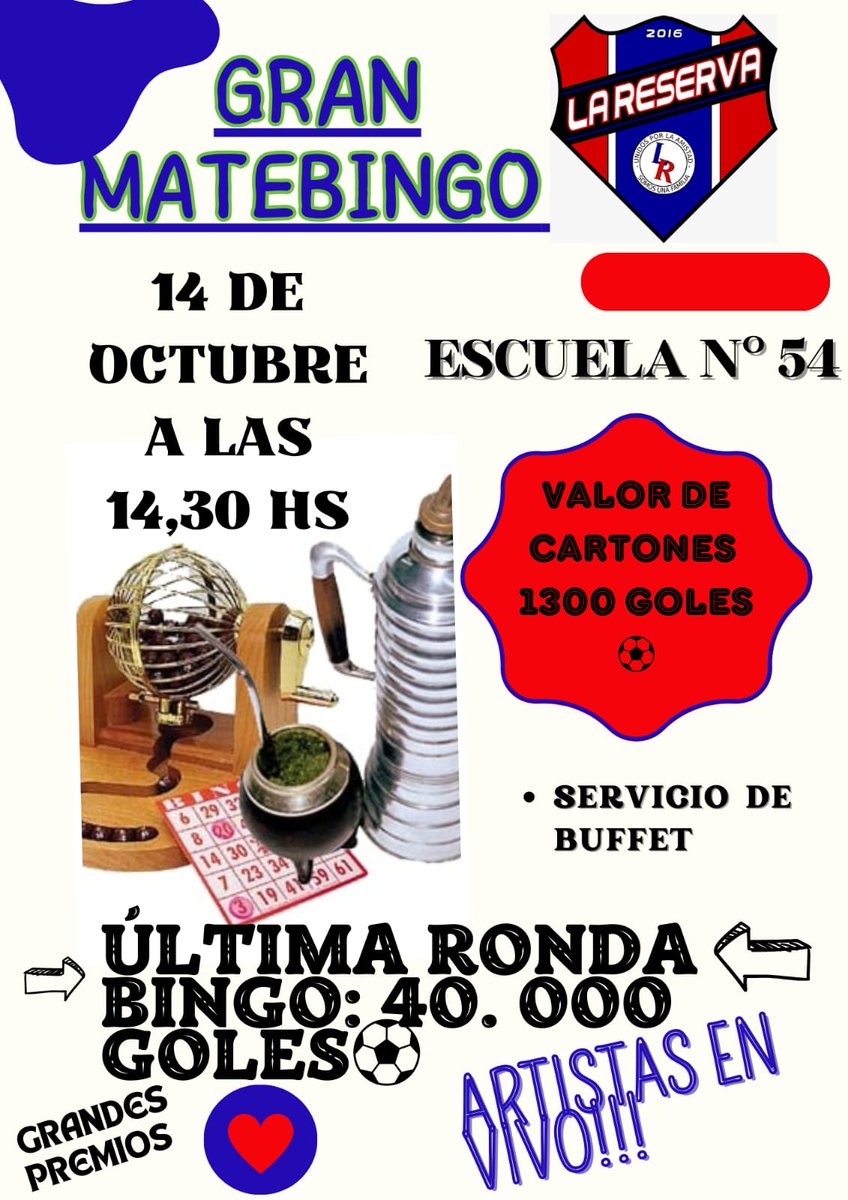 El 14 vamos a realizar un mate bingo, tendremos gran variedad de premios, artistas, sorteos y mucho más. Los esperamos para compartir una tarde diferente ♥️💙
Nos ayudan con un RT para llegar a más personas? 💙♥️🙌🙌