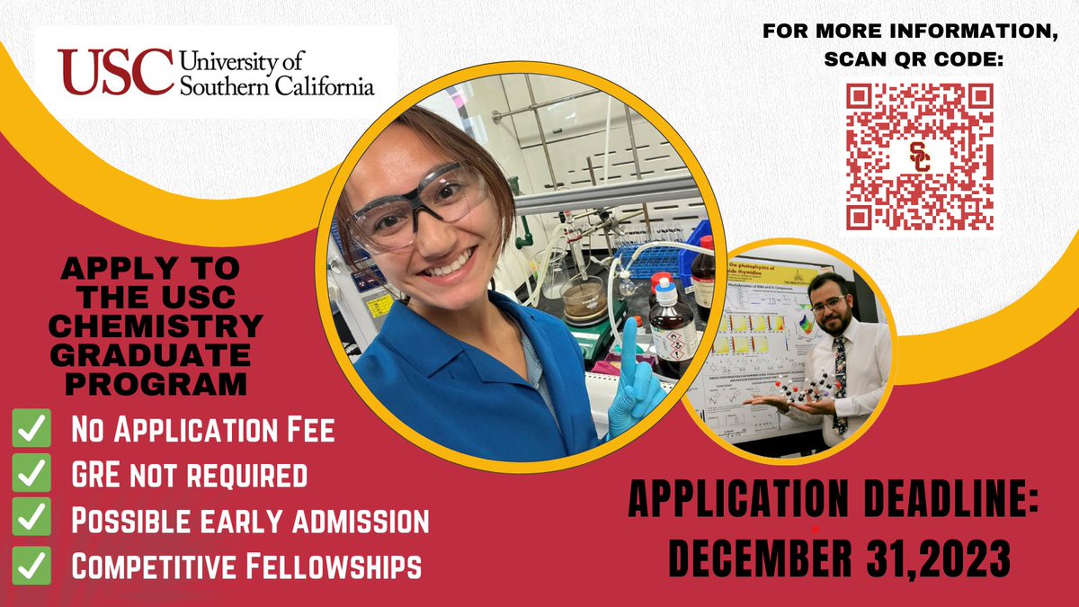 It is the season to apply to graduate schools. We are accepting applications here @USCChemistry. Join us in a vibrant department in the sunny southern California. Yes. You read that right. No application fees. Please repost and like to spread the word. dornsife.usc.edu/chemistry/