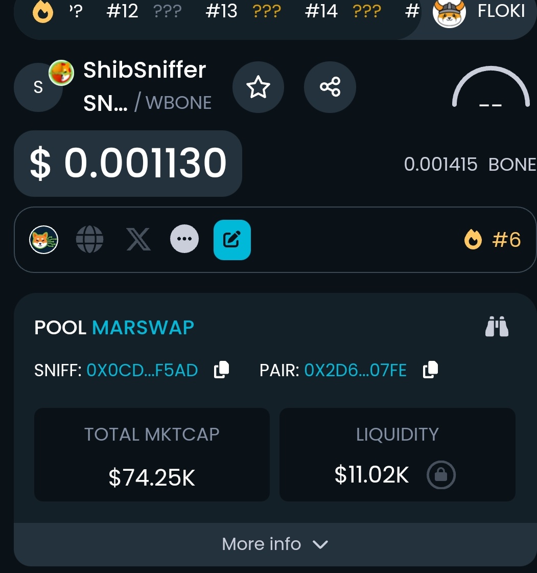 $SNIFF IS LIVE ON <a href="/MARSWAP1/">Bitflow</a>

CA:
0x0cdcc7bccd86ab0e376f0dfd262e097a859ff5ad

Dex.marswap.exchange 

dextools.io/app/en/shibari…

#Shibarium #ShibSniffer <a href="/LucieSHIB/">𝐋𝐔𝐂𝐈𝐄</a> <a href="/ShibaXanders/">Xanders🇻🇪</a> #FrensHelpingFrens <a href="/SharbiToken/">Sharbi</a> @_Cryptiq <a href="/0xMortinp/">mortinp 🪐</a> <a href="/allthewinners1/">allthewinners</a> #shib $bone