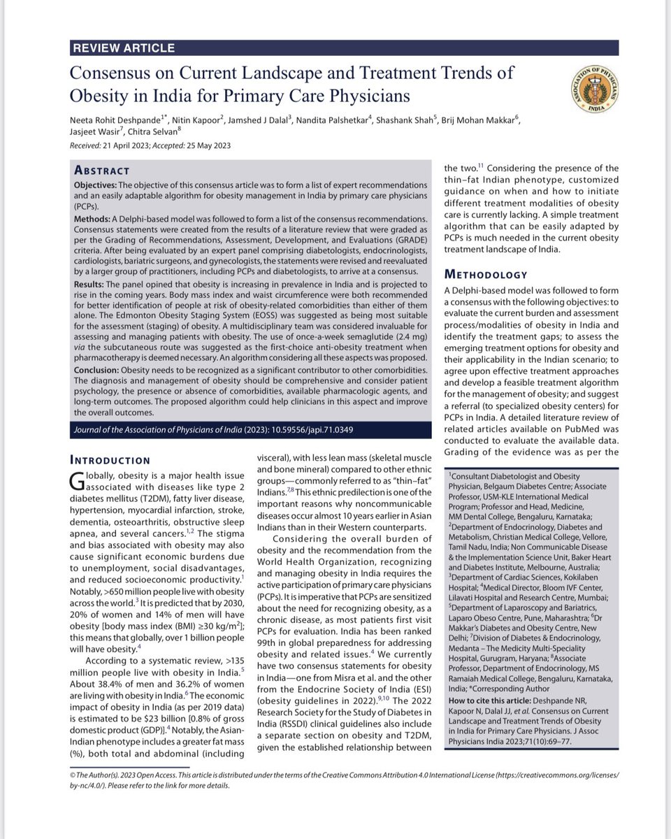 Our publication, 'Consensus on Obesity in India for PCPs,' is now in JAPI.
Read more: japi.org/article/files/…  #obesity #obesitydoctor I #obesityguidelines #obesityassessment
#weightloss #obesitytreatment #weightlossalgorithm #weightlossmedication