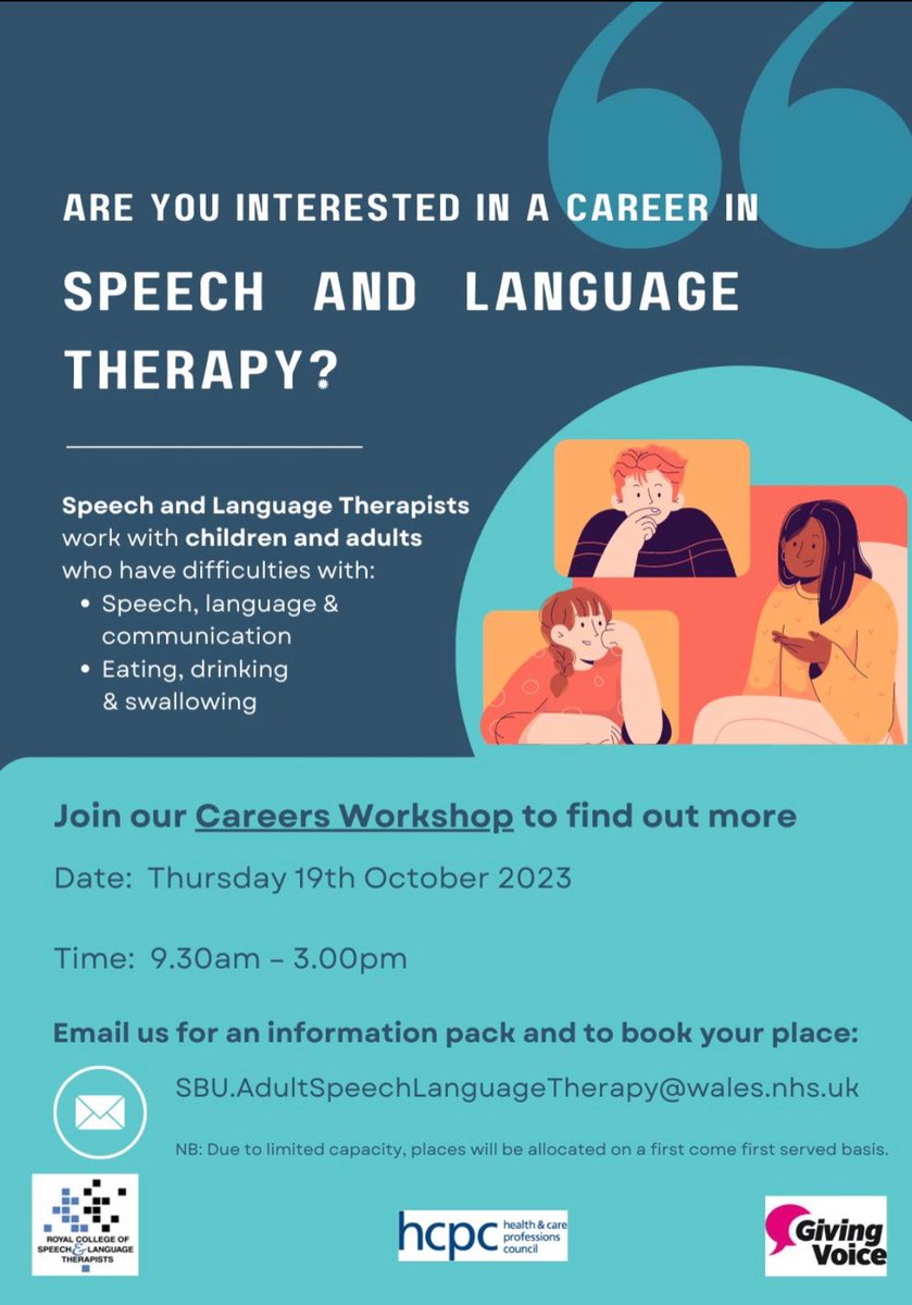 If you attended this <a href="/CareersWales/">Careers Wales</a> event today and want to learn more about speech &amp; language therapy, it’s not too late to join our information day on 19th October <a href="/SBUCareersTeam/">SBU Career Development / Datblygiad Gyrfa PBA</a> <a href="/RCSLTWales/">RCSLT Wales</a> <a href="/Hannahmurtagh5/">Hannah murtagh</a> <a href="/JadeFarrellSaLT/">Jade Farrell</a> <a href="/HelenAnnandale/">Helen Annandale 💙</a>