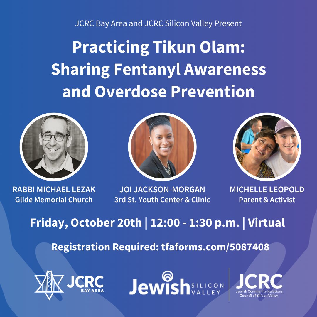 SFJCRC's tweet photo. Save the date! Join an important virtual panel on fentanyl overdose prevention on Friday, Oct 20. Featuring Rabbi @michael_lezak of @GlideChurch, Joi Jackson-Morgan of @3rdstyouth, and parent/activist @50RandomActs. 

Register now: https://t.co/YU23I7aEjY https://t.co/tQfQizBW5W