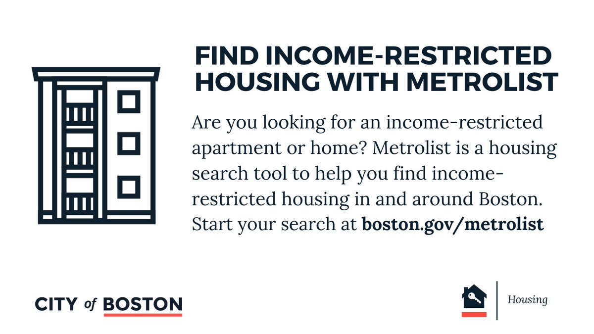 CityOfBoston's tweet photo. Are you looking for an income-restricted apartment or home? Metrolist is a housing search tool to help you find income-restricted housing in and around Boston. 

Start your search at ➡️ https://t.co/9BTPZ0x68T https://t.co/NuRVDEesRB