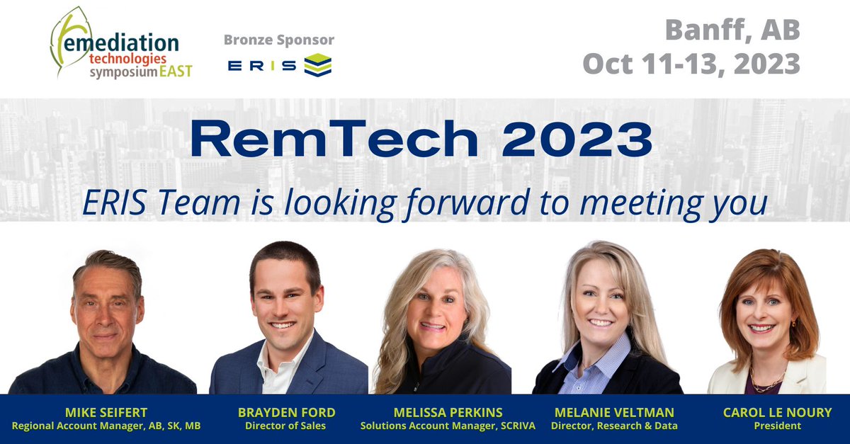 ERISInformation's tweet image. 🇨🇦 ERIS heads to beautiful Banff for #RemTech next week. Be sure to swing by booth #11 and say hello to the team. We look forward to seeing you there!

esaa.org/remtech/

#ERISInformation @ESAARemTech @BFordERIS @cbelllenoury @CarolLeNoury1