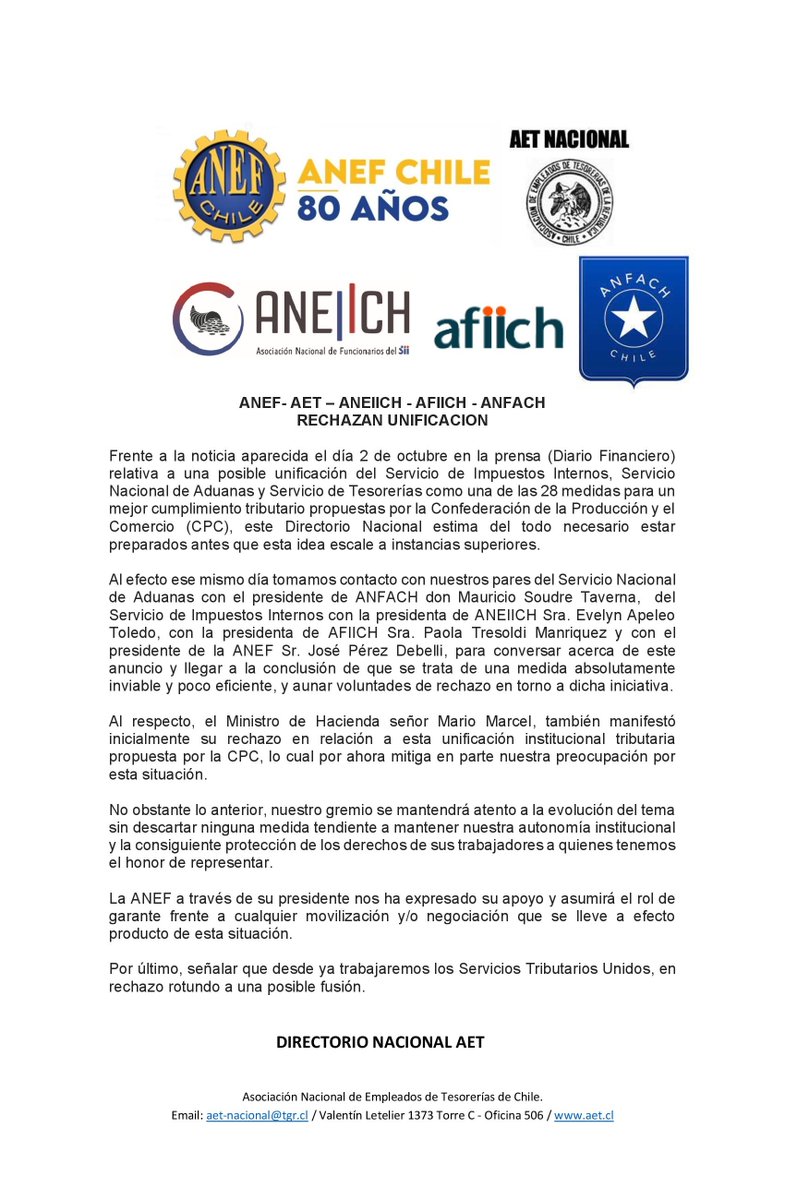 LINK AL COMUNICADO CONJUNTO aet.cl/AET_RECHAZA_UN… 

Los gremios se mantienen atentos a la evolución del tema, sin descartar ninguna medida tendiente a mantener la autonomía institucional y protección de sus trabajadores   

<a href="/AnfachO/">@ANFACH_oficial</a> <a href="/anefchile/">ANEF</a> <a href="/aneiich/">ANEIICH</a> <a href="/Afiich/">Afiich</a> <a href="/ChileAet/">AET Nacional Chile</a>