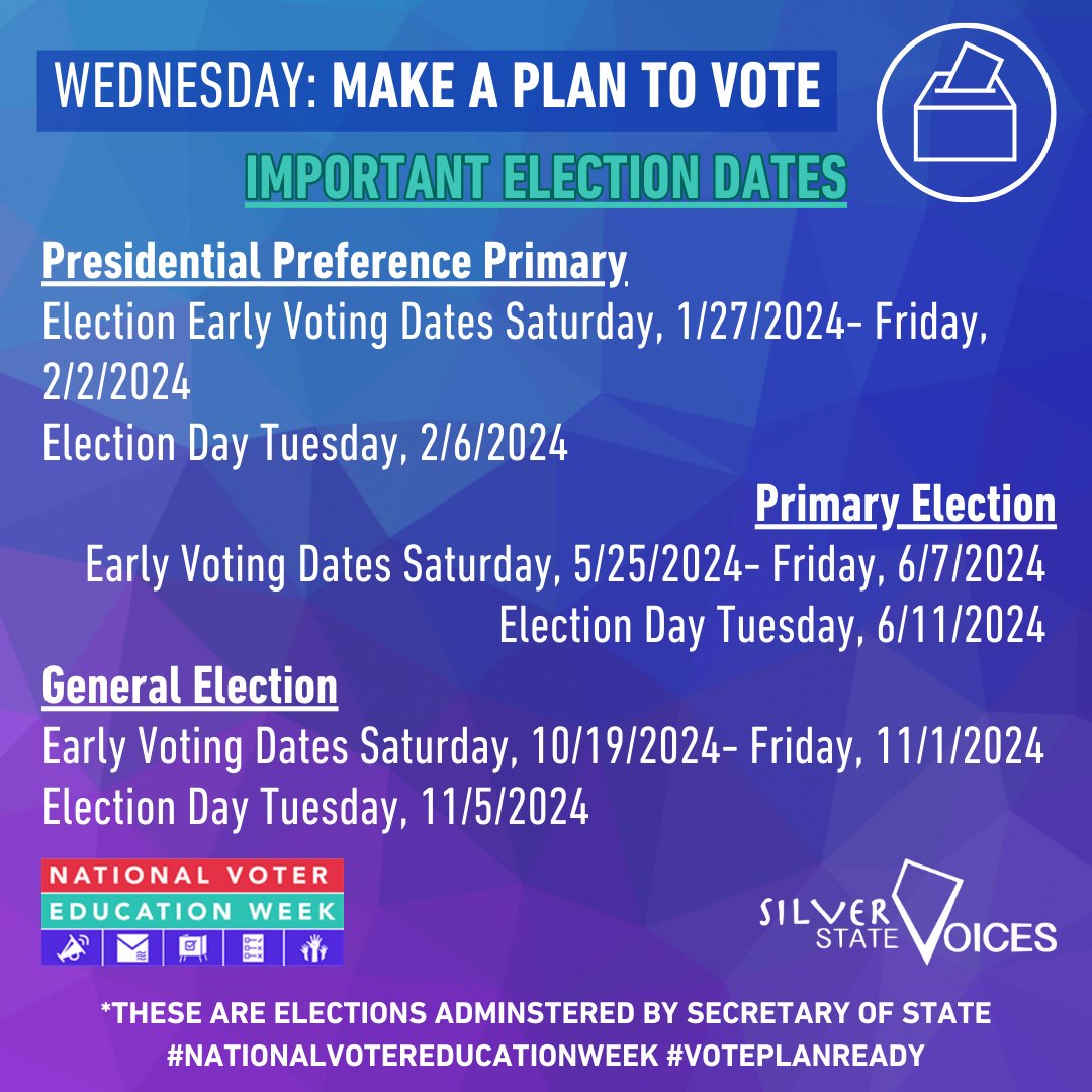 SSV_NV's tweet photo. It is important to know important dates as we make a plan to vote. Here are election dates to remember; please note these are elections administered by the Nevada Secretary Of State. #NationalVoterEducationWeek #VotePlanReady https://t.co/8kakJXacqm