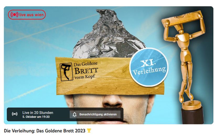 Ulrike Guerot? Stefan Homburg? ServusTV? 
Wer bekommt das Goldene Brett vorm Kopf 2023?

Die Antwort gibt's am Donnerstag, 5. Oktober, ab 19.30 Uhr live bei Youtube.

blog.gwup.net/2023/10/04/liv…