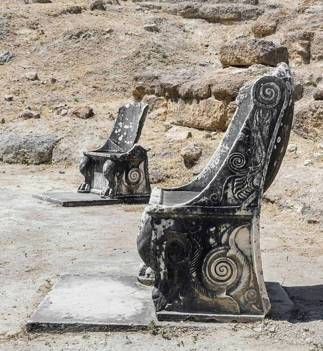 Marble throne chairs at the ancient theater of Oropos (Amphiareion archaeological site), Attica, Greece 👇