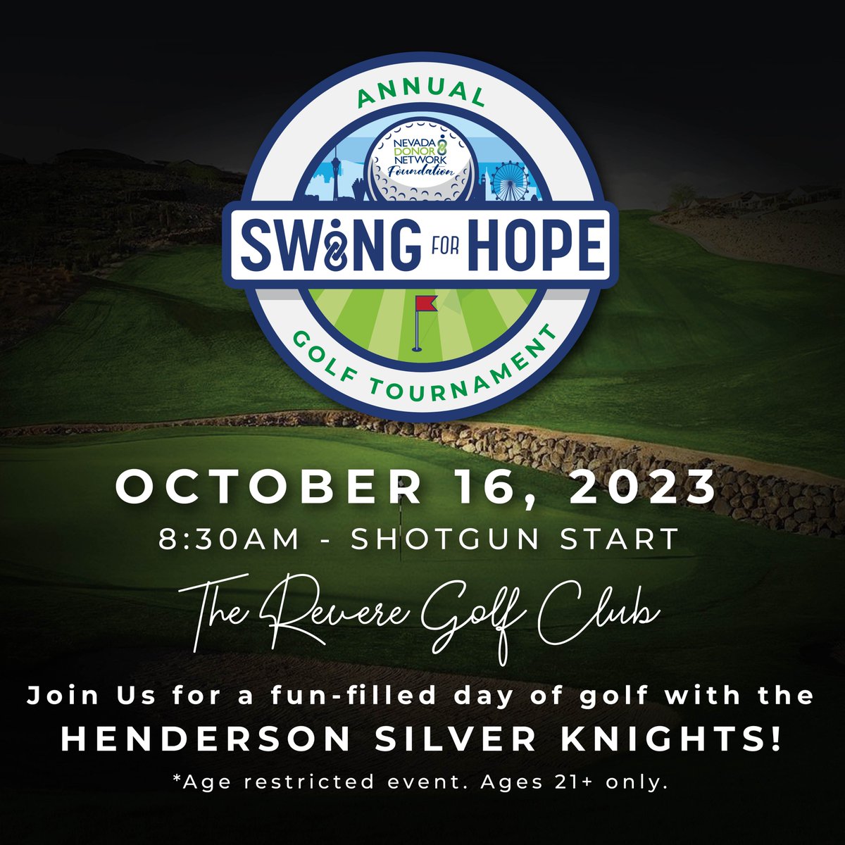 NVDonor's tweet image. Are you attending our 2023 #SwingForHope Golf Tournament at The Revere Golf Club on 10/16/23 (in partnership with @HSKnights &amp;amp; @ResortsWorldLV)? Learn more: hubs.li/Q024m6gM0 #DonateLife #NDNF #GiveBack #HSK #HendersonSilverKnights