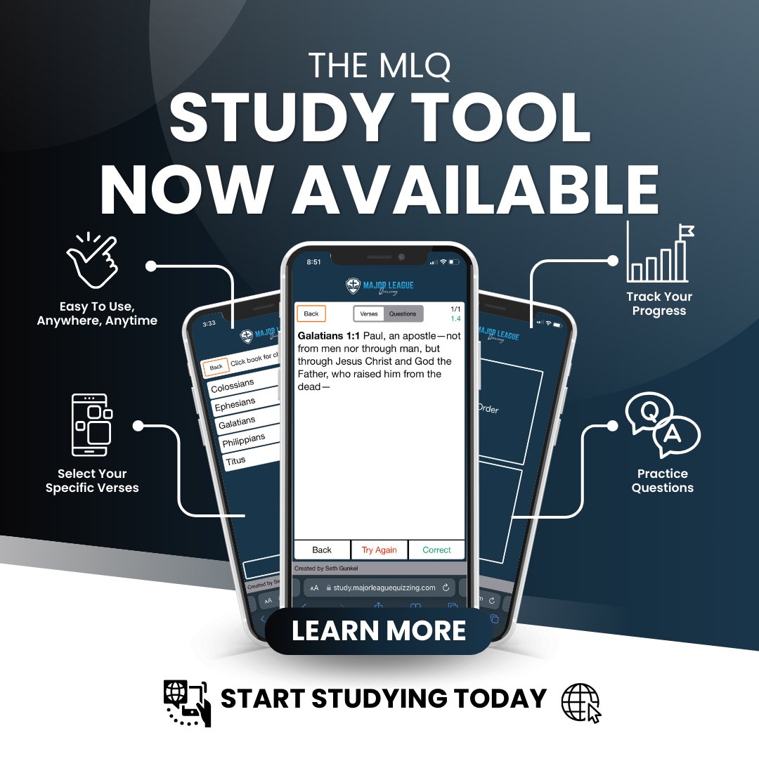 MLQuizzing's tweet image. Introducing the MLQ Study Tool!! 🤩📲
study.majorleaguequizzing.com
A resource to help you practice randomizing your verses (like flashcards) and questions!! 📈💡
A HUGE thank you to our amazing programmer Seth Gunkel!!🔥