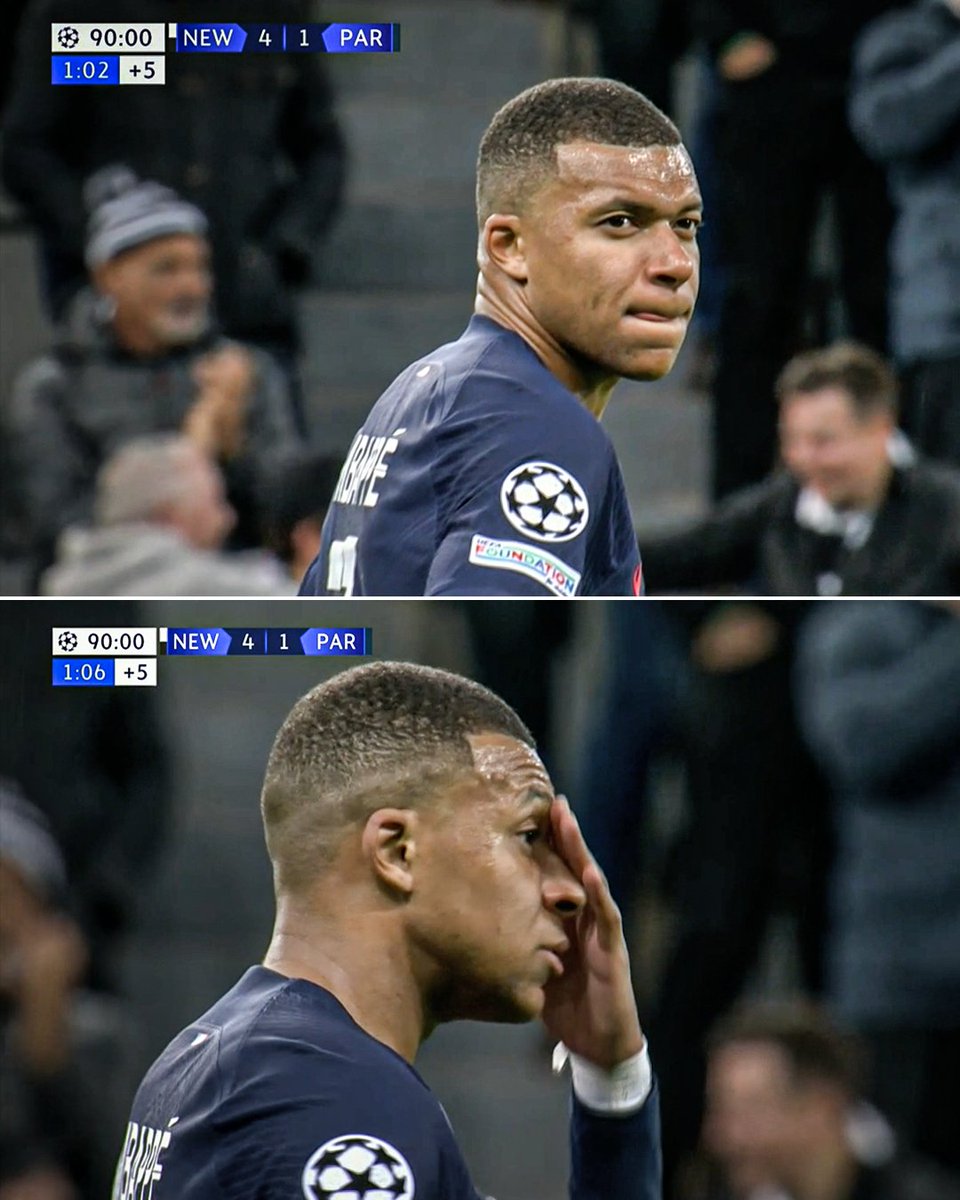 ESPNFC's tweet image. Mbappe after Newcastle went up 4-1 💔