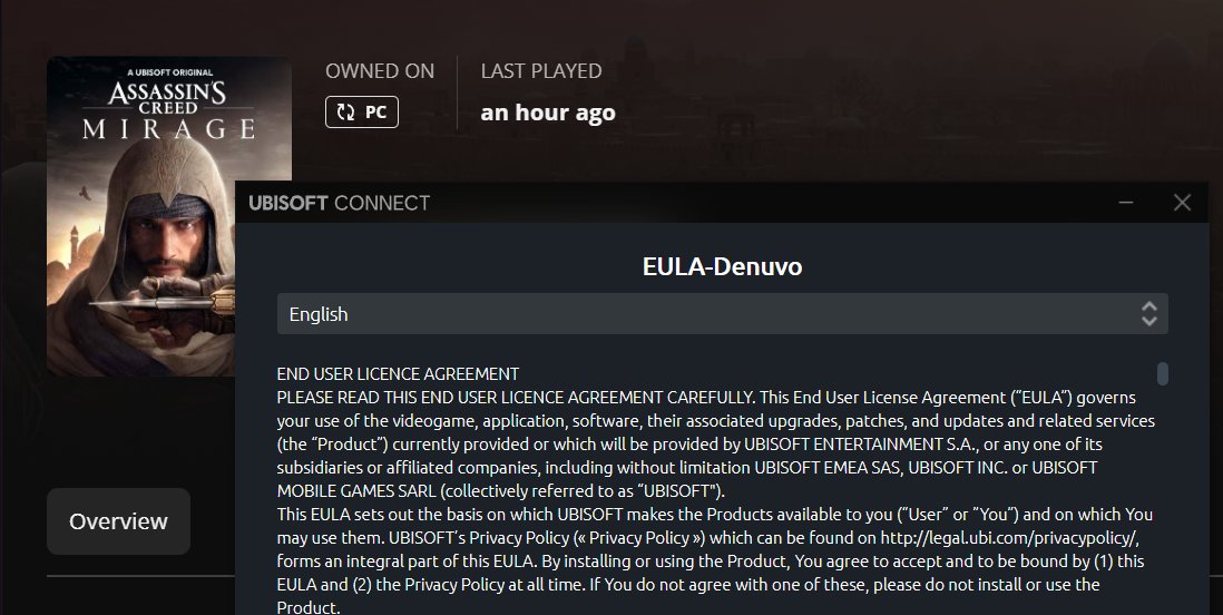 TDeckverse's tweet photo. Ubisoft just added Denuvo to #AssassinsCreedMirage via a day-1 patch a few minutes ago. AFTER all the major reviews went online. Sincerely: Fuck off. https://t.co/Bv1wn5oBr6