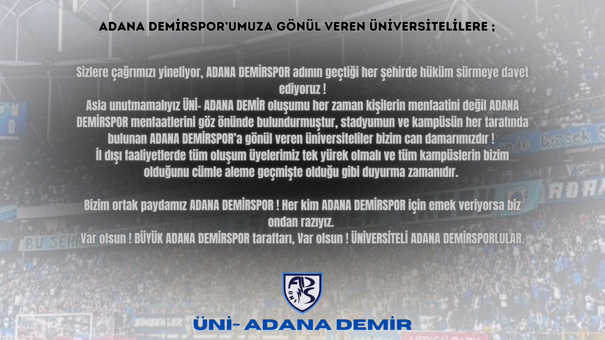 adanademiruni's tweet photo. KAMPÜSLERDE ADANA DEMİRSPOR ARMASINI YUKARIYA TAŞIMAYA BİZ YEMİN ETTİK ! 

#ÜniAdanaDemir https://t.co/mAPKyX5Z3q