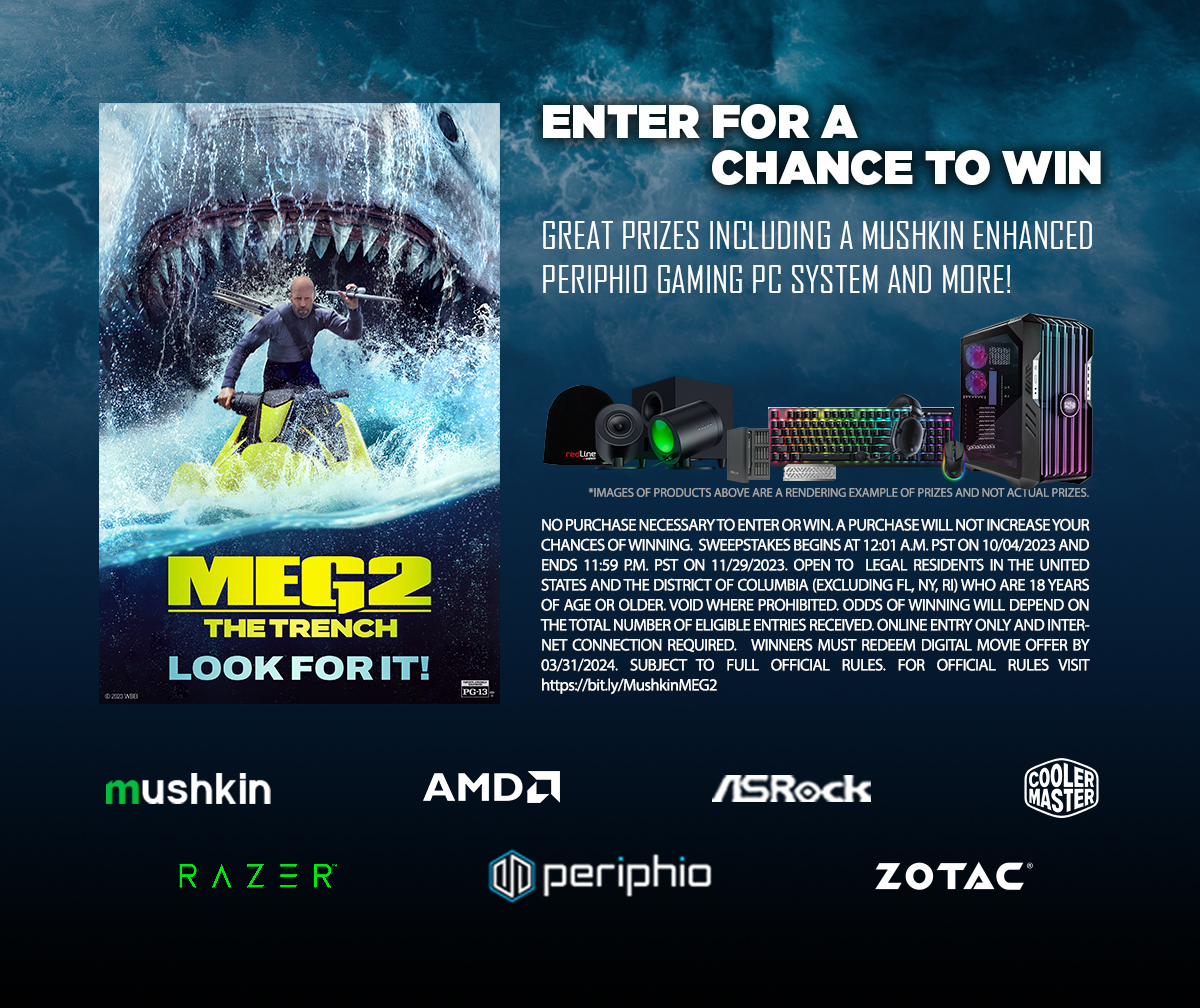 Make sure you don’t miss the Mushkin and The Meg Movie #sweepstakes. Partnered with #AMD, #ASRockInfo, #razer, #Periphio, #Zotac and #CoolerMaster. Enter now for a chance to win a gaming PC and more. #Meg2 ENTER NOW bit.ly/MushkinMEG2 Official Rules bit.ly/MushkinMEG2-ru…