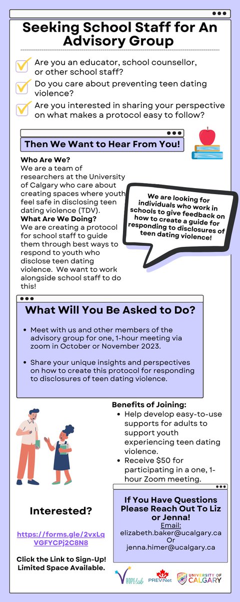- Are you school staff?
- Do you care about preventing teen dating violence?
- Do you want to help us make a protocol to guide school staff through responding to disclosures of teen dating violence?

See infographic for details, and sign up here:
forms.gle/2vxLqVGFYCPj2C…