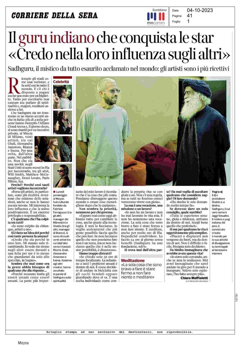 AlsoliCinzia's tweet photo. Grazie al @Corriere della Sera per la gradita pubblicazione dell'intervista a @SadhguruJV. 
#SadhguruInMilan #MyTrasformation
@InnrEngineering @ishafoundation https://t.co/JmlXFG4Fwz