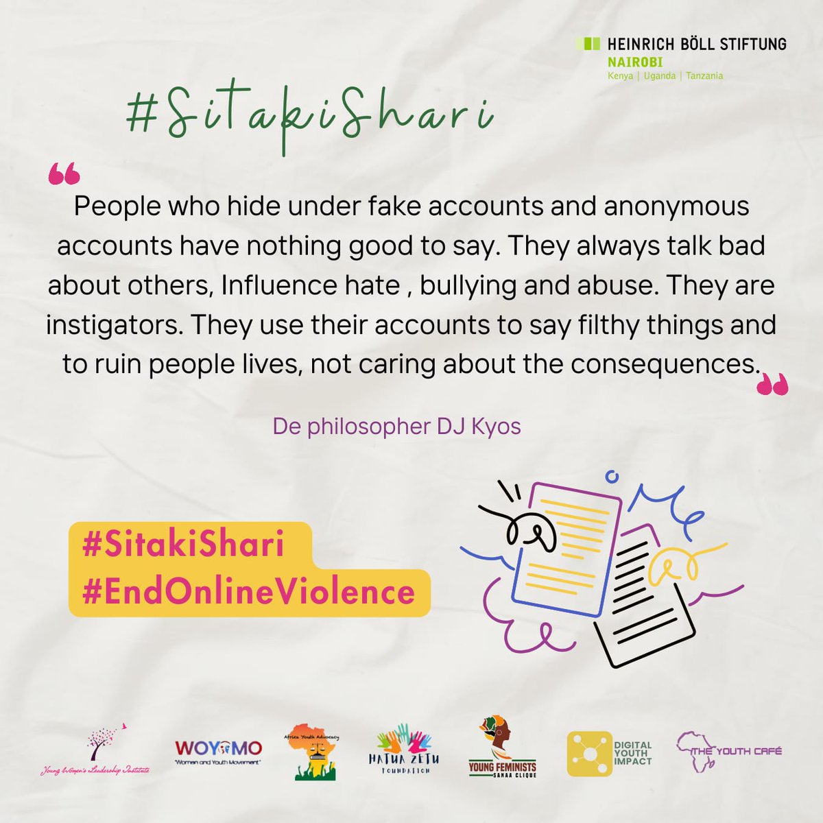 y_femvoices's tweet photo. Don't let online bullies dim your shine! Stand up, speak out and take action. Let's create a safer and more supportive online community together

 #SitakiShari #OnlineSafety #EndOnlineViolence

@TheYouthCafe @Hatuazetuf @HBSNairobi @theayai @WOYOMO_TZ
@ywli_info @DigitalimpactTz https://t.co/Q4QjMZHAq7