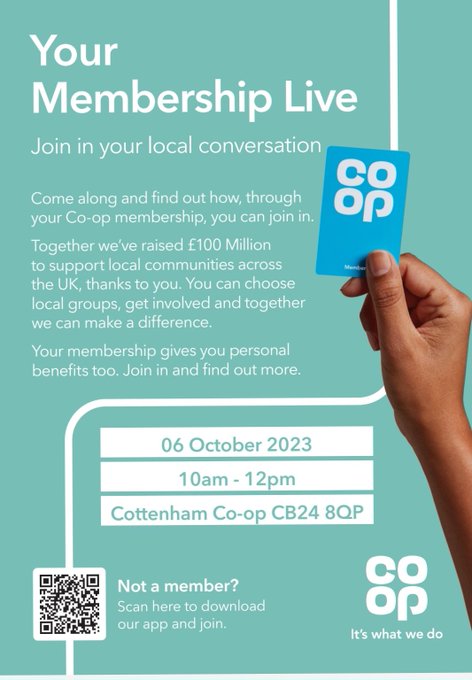 CampbellNaomh's tweet photo. 💙Co-op Members, customers &amp; community in &amp; around #Cottenham #Willingham #Longstanton come &amp; join in at your Cottenham @coopuk &amp; in @CottCommCentre (opposite) 
Find out about your brilliant #LocalCauses, enjoy activities &amp; free raffle🗓️Fri 06 Oct 10-12🗓️
https://t.co/8ee042OeFL https://t.co/ULaCrWRuYB