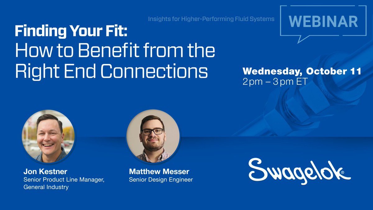 SwagelokMN's tweet image. Choosing the right small-bore fittings for your #fluidsystem applications is important to avoid leaks, safety risks, &amp;amp; reduced component lifespans. Join us for a webinar on Oct. 11 @ 1pm CST to hear more about making connections with two-ferrule #fittings bit.ly/3ZH45fZ