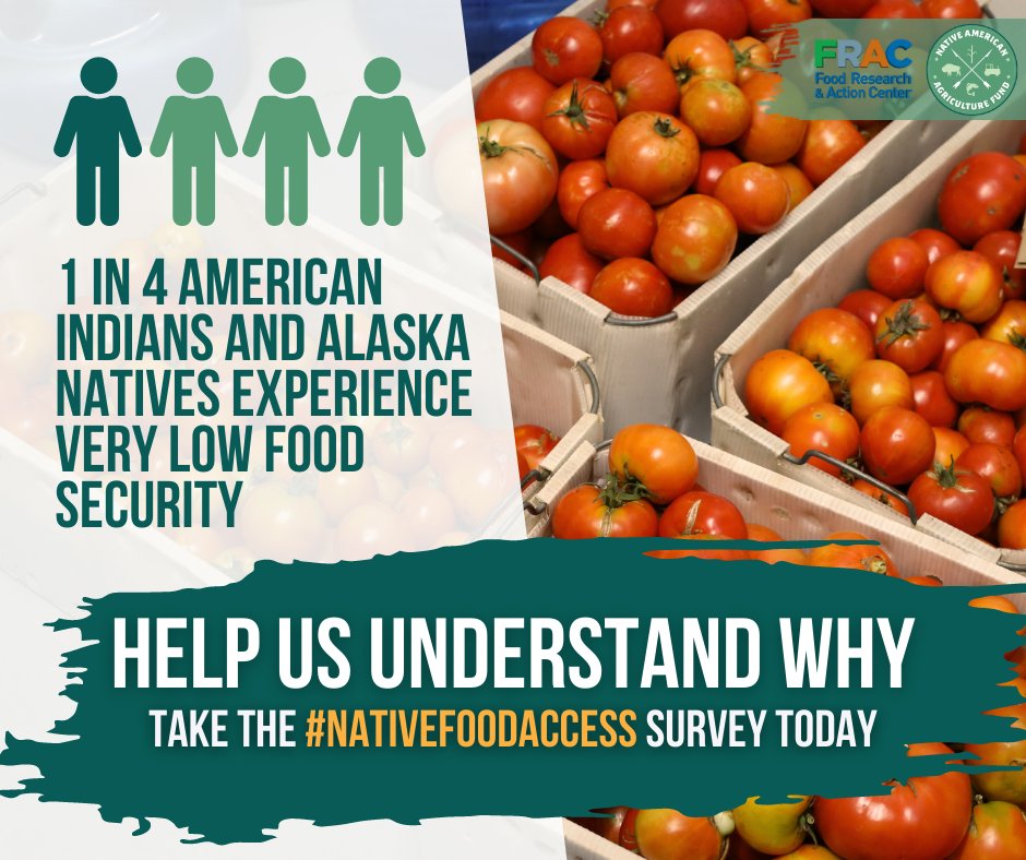 fractweets's tweet photo. How can we improve food access in Native American and rural communities? The @NativeAgFund and FRAC are surveying to gain a better perspective on the issues of food insecurity and hunger in Tribal areas. Take the #NativeFoodAccess Survey today: https://t.co/GxOOWPz6r3 https://t.co/9CLbxwKlb6