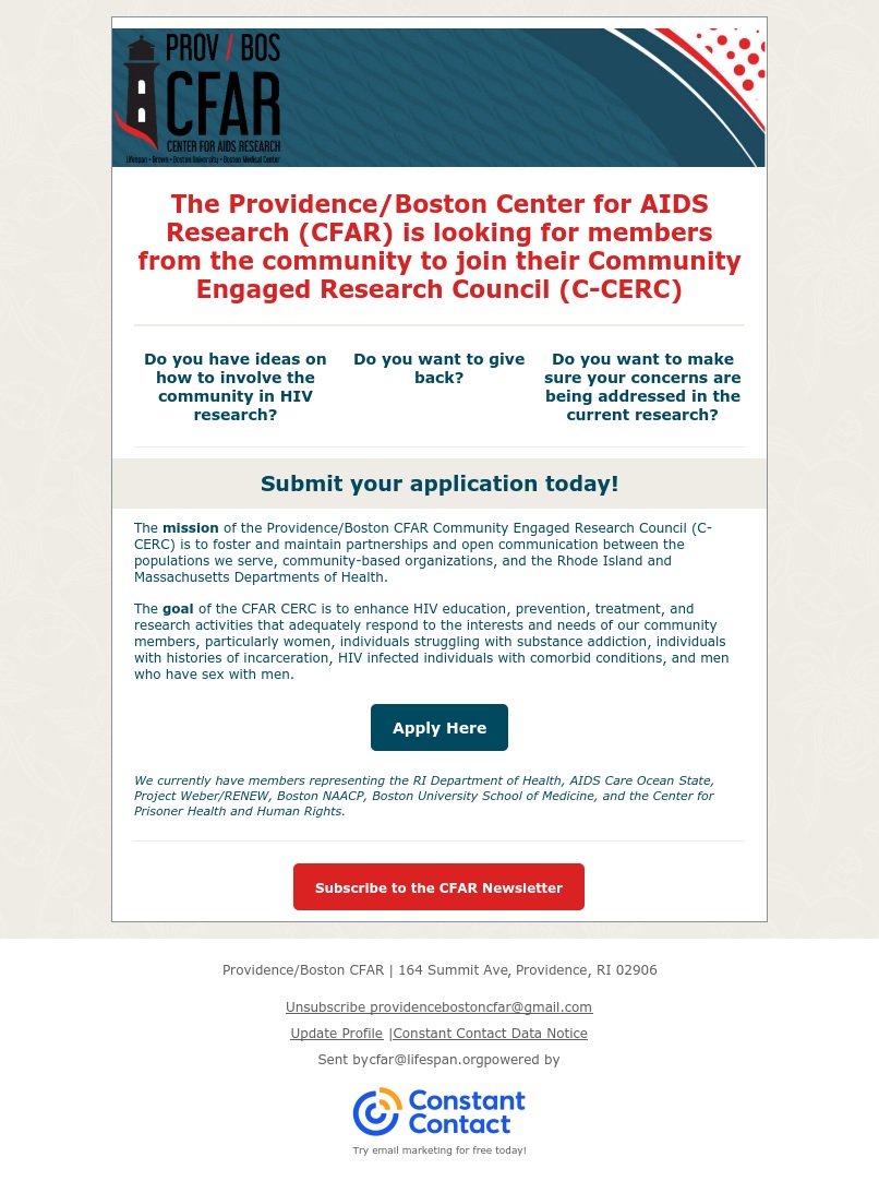Click the link below to apply to the Prov/Bos CFAR Community Engaged Research Council today! fs6.formsite.com/ltbcfar/CERCAp…