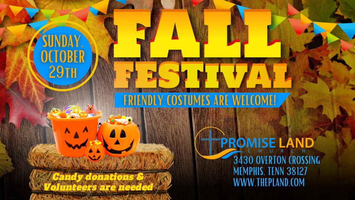 Dress your little ones in friendly costumes and let's have some fun!!!
Fall Festival
Sunday, October 29th
*immediately following worship

*Candy donations & Volunteers are needed

#fallfestivaliscoming #friendlycostumesonly👻🎃 #candydonations #voluntersneeded