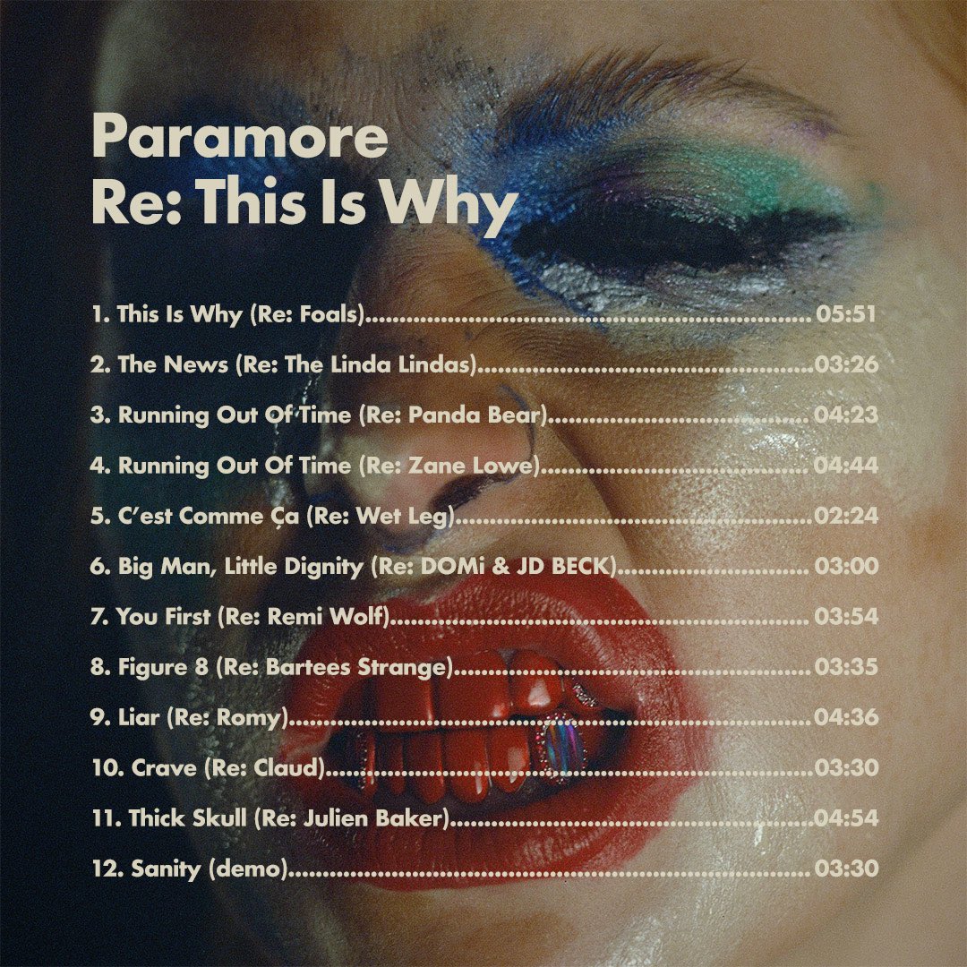 PopCrave's tweet photo. Paramore unveil tracklist for their new album, ‘Re: This Is Why.’

The project has remixed, reworked, and rewritten versions of songs from their last album.

Out October 6. https://t.co/gSUjaH9AmO