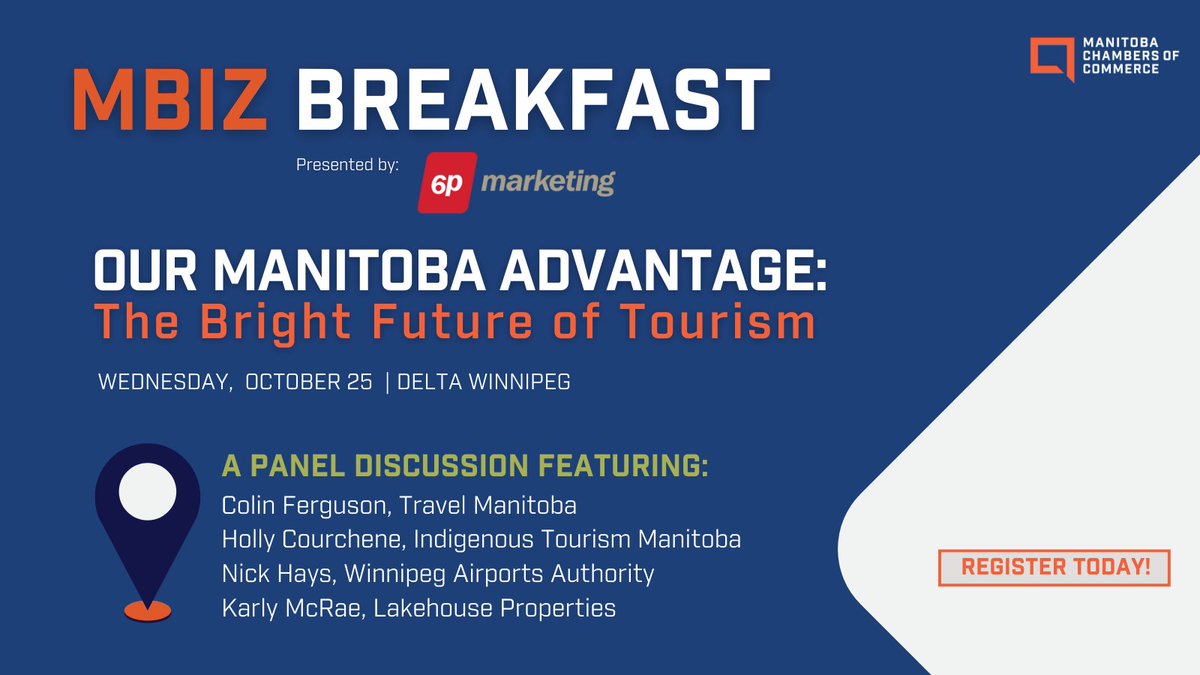 Join us for our next #MBizBreakfast on October 25 to hear Manitoba tourism industry leaders discuss the sector's continued path toward recovery and the road to $2.5 billion in annual tourism spending by 2023.  

 Register now: business.mbchamber.mb.ca/events/details…