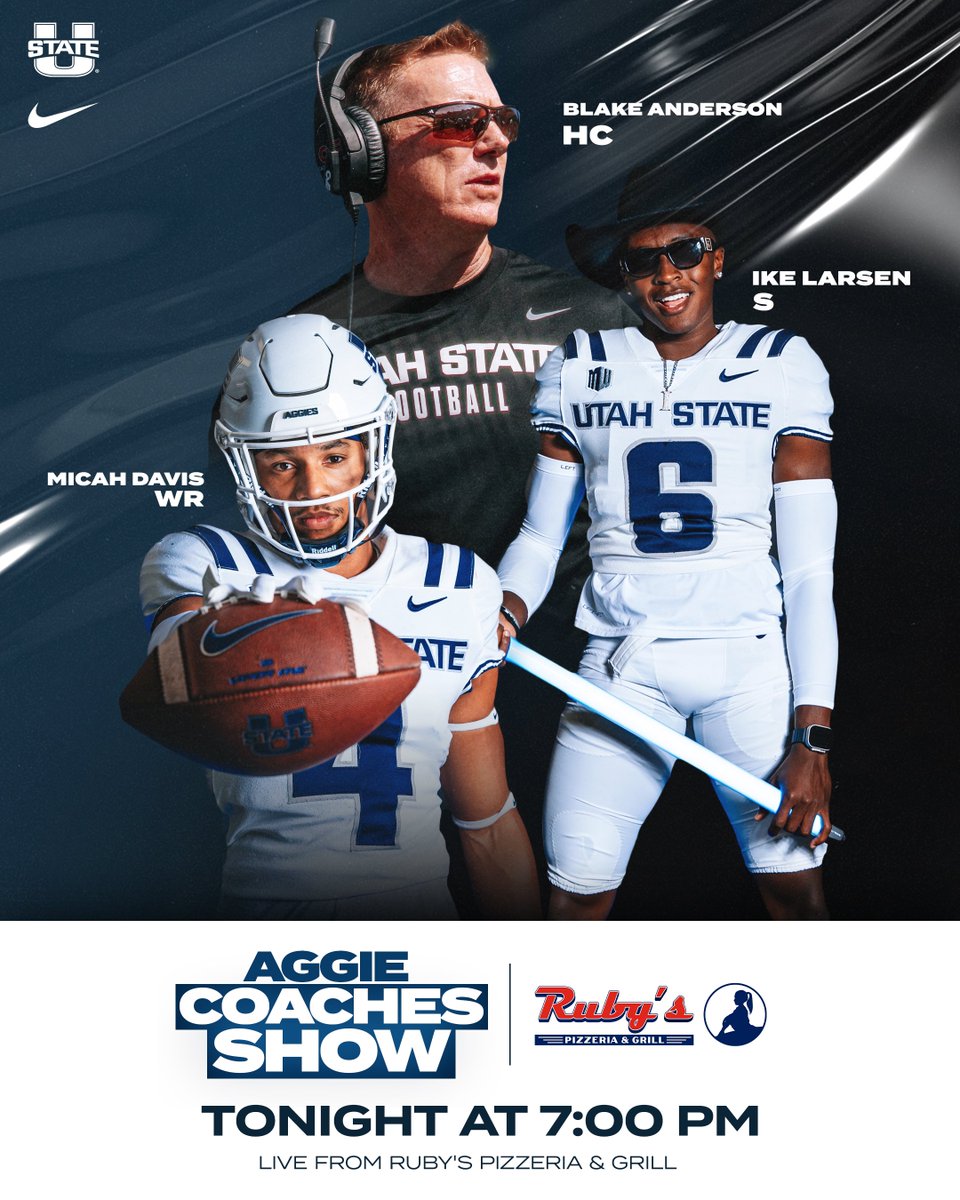 Join us TONIGHT at Ruby’s for the Aggie Coaches Show starting at 7:00 PM!
 
➡️ Blake Anderson, Micah Davis, and Ike Larsen  
 
#AggiesAllTheWay