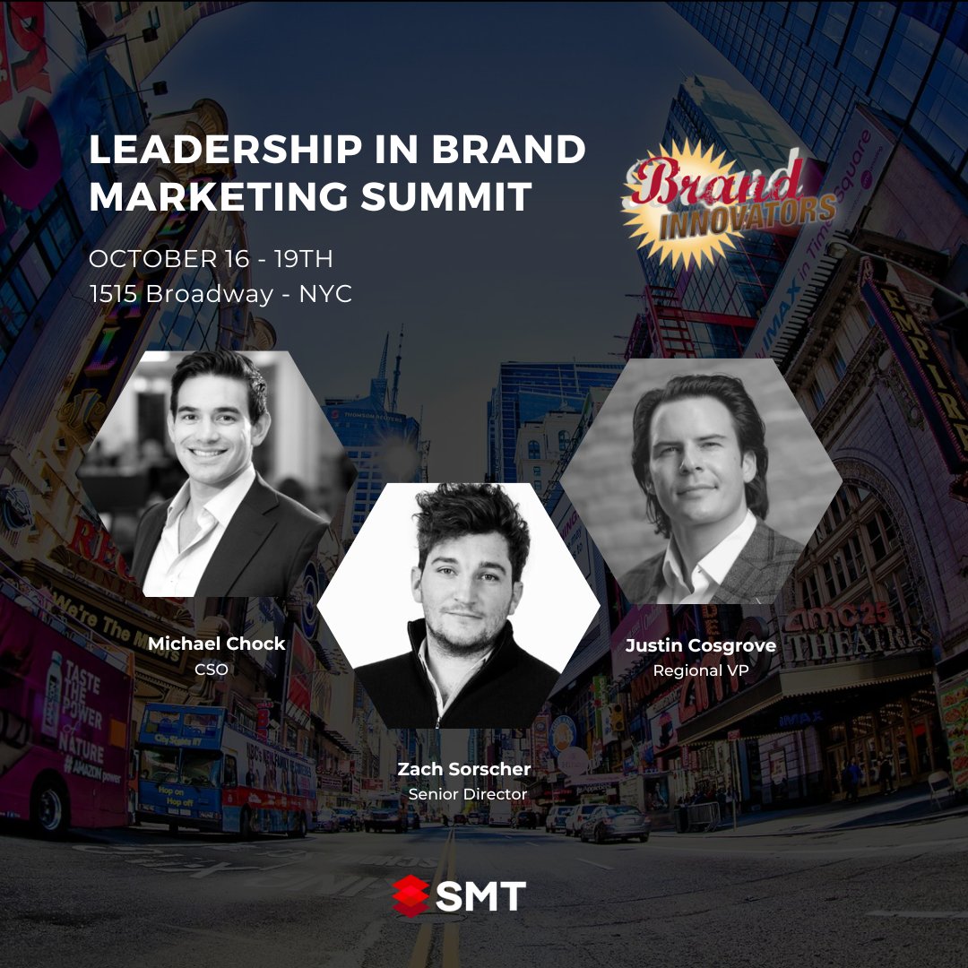 Hey New York! 👋 We will be hosting a panel at the Leadership in Brand Summit by @BrandInnovators on Oct 19th. @Themichaelchock, our CSO, Justin Cosgrove, our Regional VP, and Zach Sorscher, our Senior Director will be representing the SMT team! Don't hesitate to reach out if…