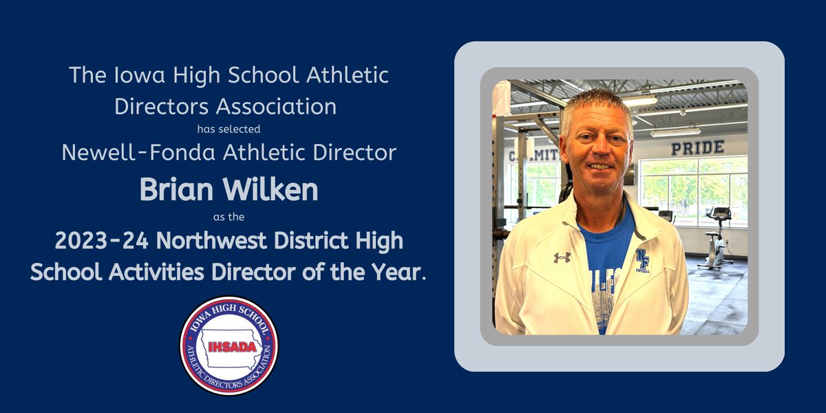 Congratulations to Newell-Fonda's Brian Wilken on being named the 2023-24 Northwest District High School Athletic Director of the Year! We are proud of Coach Wilken and all that he does for the community of Newell-Fonda. #newellfonda