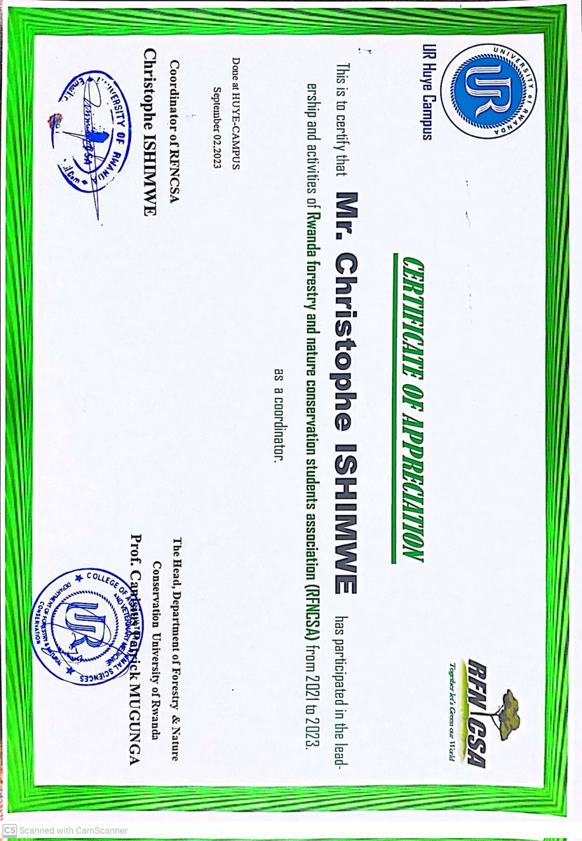 #rfncsa_rwanda  works in #Uni_Rwanda huye campus. We conserve the Nature, forestry, environment, and others related. I became a vice coordinator since 2021, in 2022-2023, I led the association as a coordinator . now a'm very happy for this CERTIFICATE of APPRECIATION.