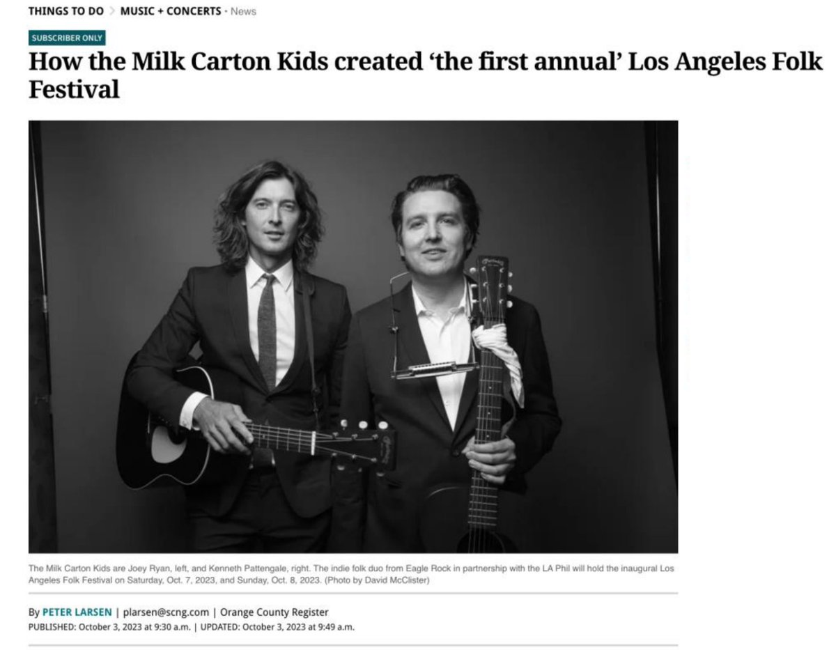 I guess we said Folk was Punk without the amplifiers and they put it in the newspaper so now it is true! bit.ly/3tiYpg9 
#losangelesfolkfestival #LAFF2023 #folk #themilkcartonkids