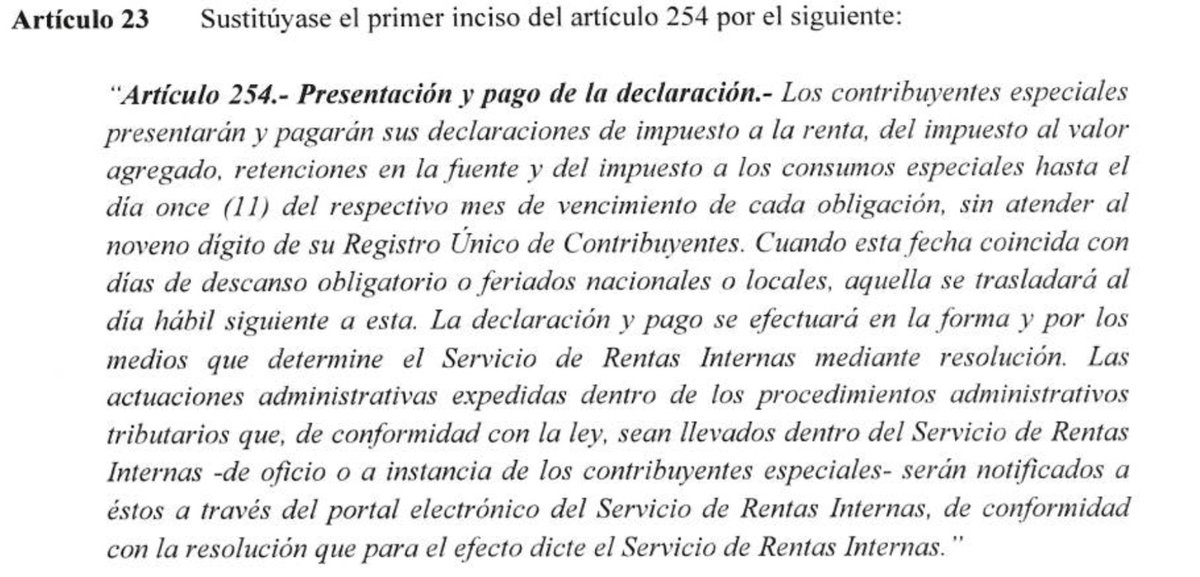 🇪🇨 A LOS CONTRIBUYENTES ESPECIALES:

Entre las reformas que hicimos con el Reglamento de #LEFAM les ampliamos del día 9 al 11 de c/mes el plazo para la declaración y pago de sus impuestos.

Aplicación: Octubre. Es decir, declaraciones de septiembre. 

#InnovacionMasRecaudacion