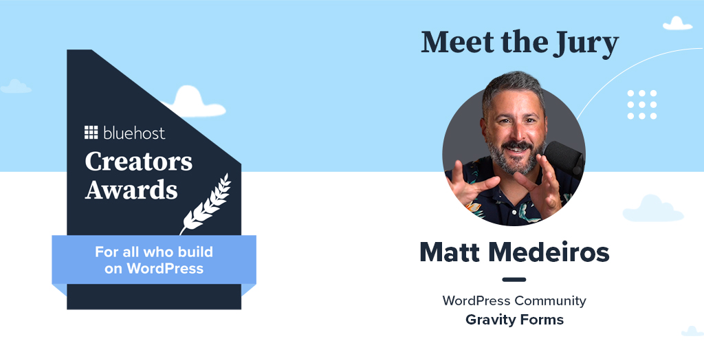 bluehost's tweet photo. Say hello to @mattmedeiros, WordPress Community Lead for Gravity Forms and podcast host for The WP Minute!
He is a passionate podcaster and loves to share info about WordPress and the community. We're thrilled to have him on our #BluehostAwards jury panel. https://t.co/mJfJ5ZWNJ6