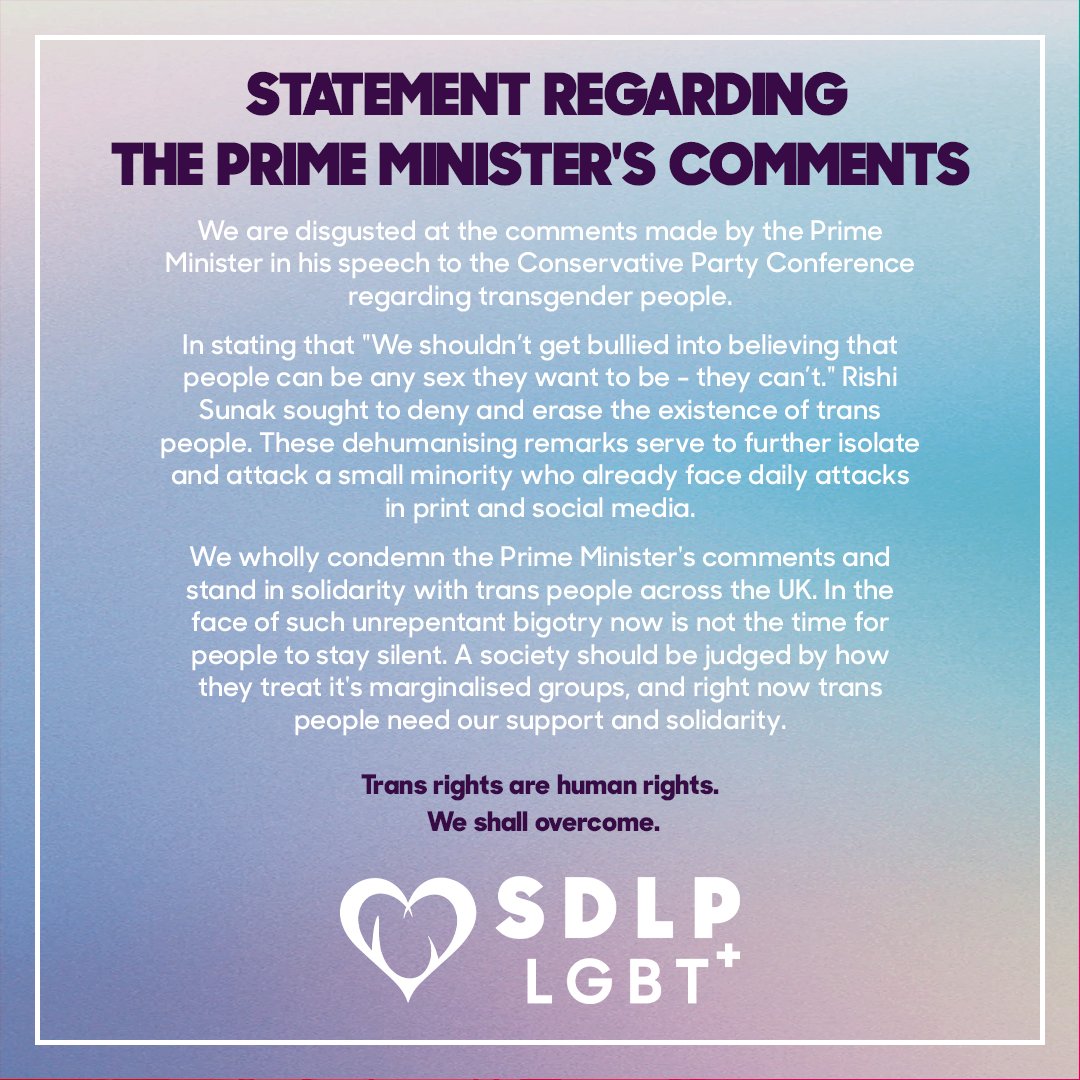 SDLPlgbt's tweet photo. 🏳️‍⚧️ SDLP LGBT+ Statement Regarding the Prime Minister's Comments 🏳️‍⚧️

(full statement in alt text) https://t.co/AePJiAZijN