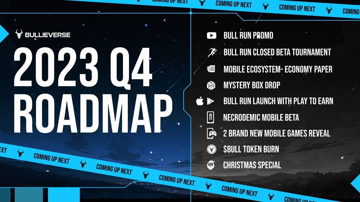Bullieverse's tweet photo. Unveiling the Q4 Roadmap for #Bullieverse! 🚀 

Embark on the journey towards becoming the best Web3 mobile gaming ecosystem. 

Exciting tournaments, game launch, reveals, $BULL token burn, and a mysterious drop await! 🎮

#Play2Earn #Bullish #BullieverForever https://t.co/Qs2uwoKiUN